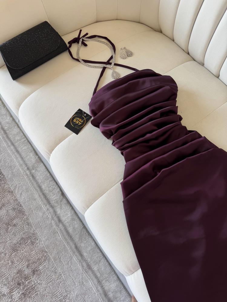 Elegant Sheath Halter Sleeveless Burgundy Satin Backless Prom Dresses Long Evening Dress C2882