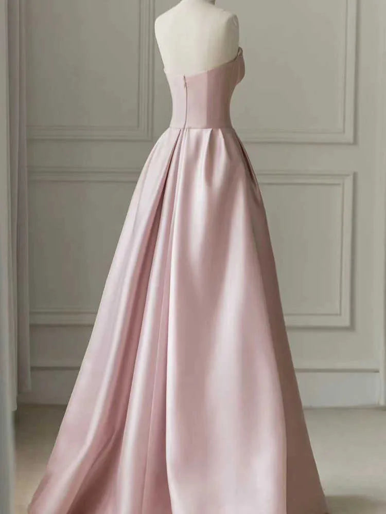 A-Line Satin Tulle Pink Long Prom Dress With Pearls B048