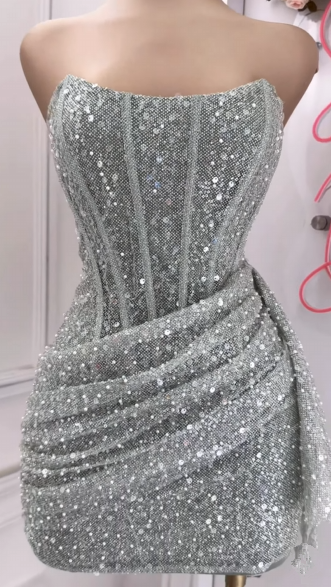 Sexy Sheath Strapless Pink Sequin Homecoming Dresses Short Birthday Outfits C2607