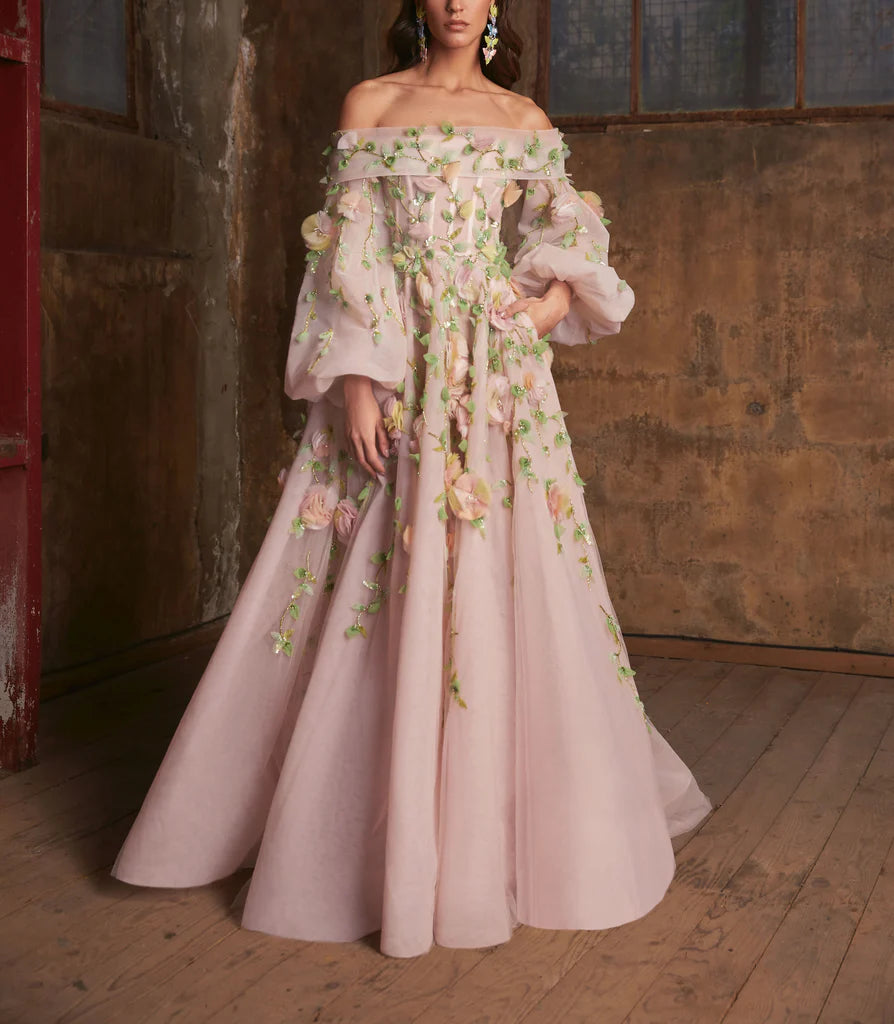 Robe de soirée élégante en tulle rose à épaules dénudées et manches longues, robe de bal, robe de soirée C3207