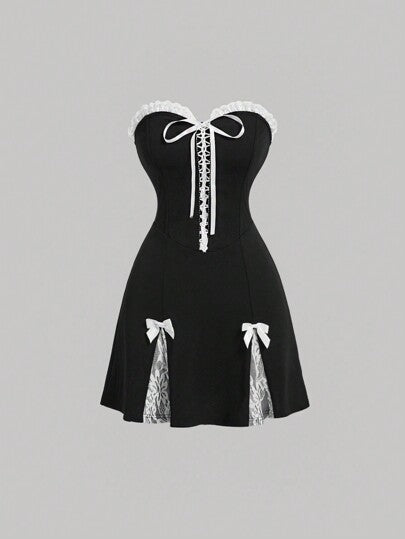 Jolie robe de soirée en velours noir sans bretelles, ligne A, avec nœud papillon, C1040