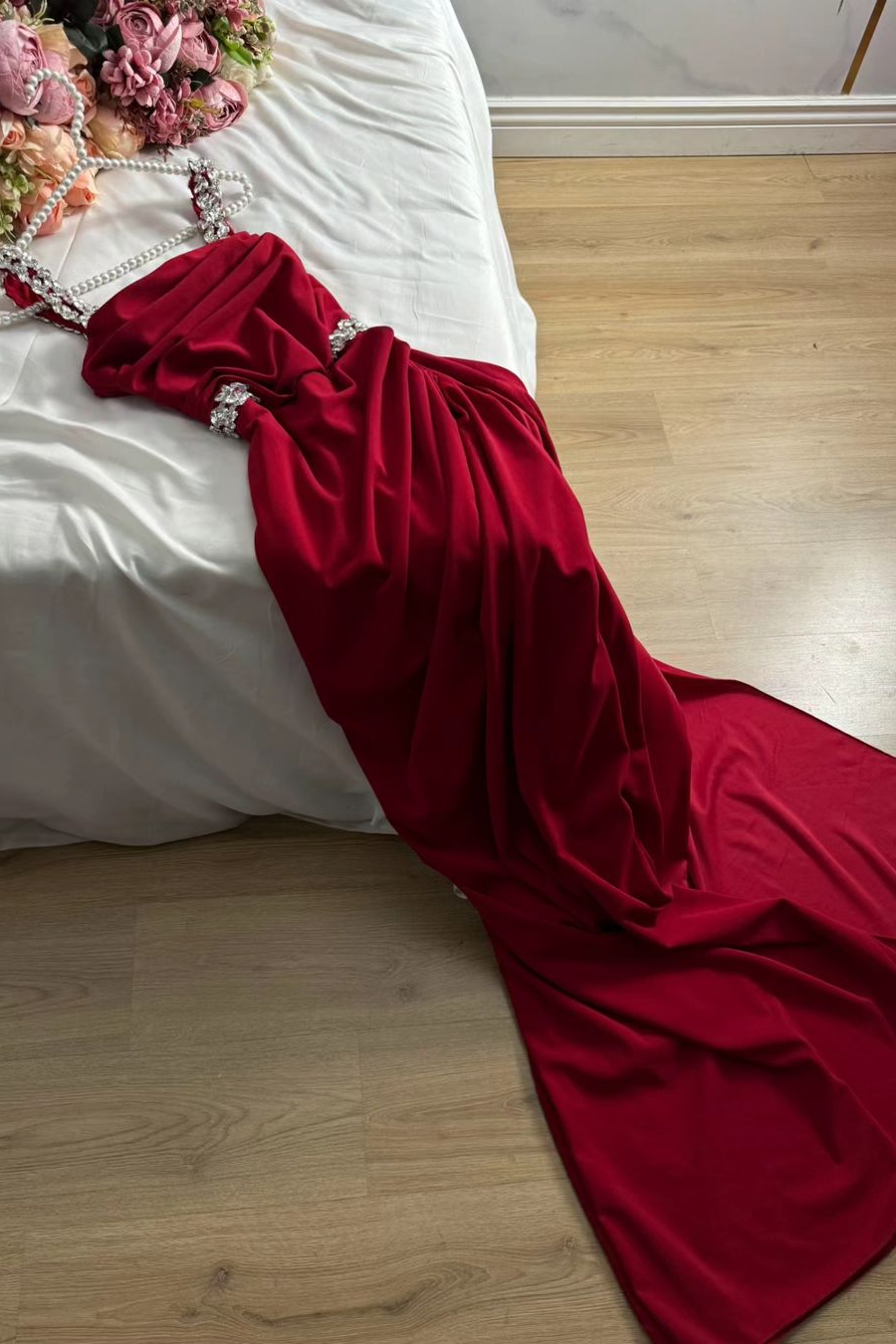 Elegant Sheath Straps Burgundy Satin Silver Beads Slit Long Prom Dresses Formal Dress C2737