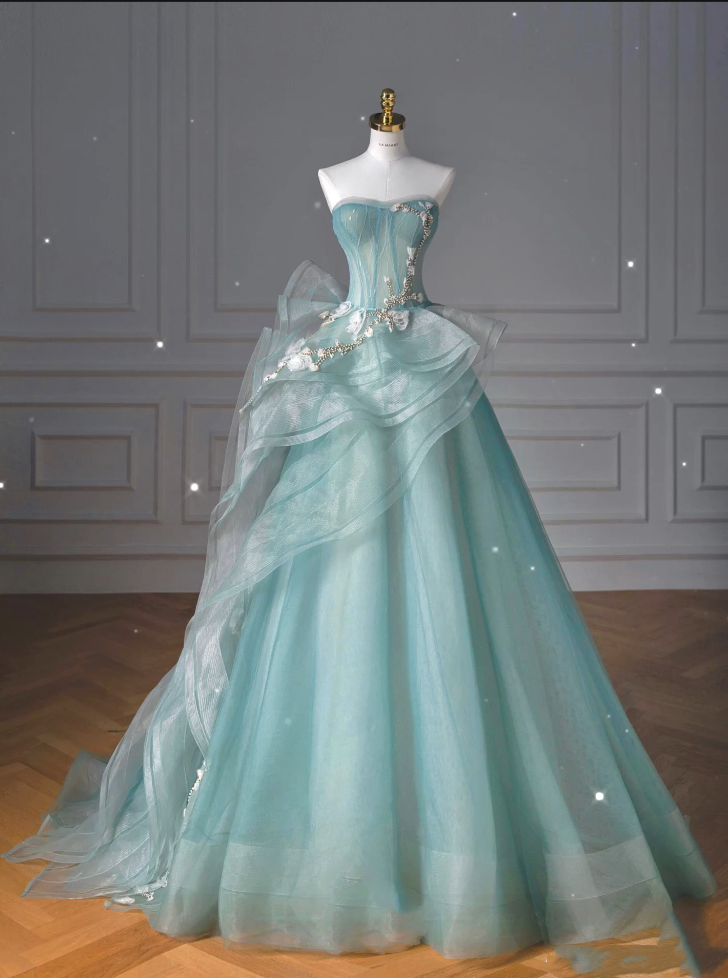 Pretty Ball Gown Sweetheart Tulle Green Long Evening Dress Prom Dresses With Ruffles C3454