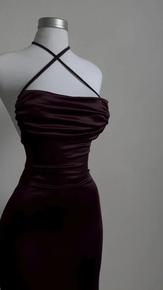 Elegant Sheath Halter Sleeveless Burgundy Satin Backless Prom Dresses Long Evening Dress C2882