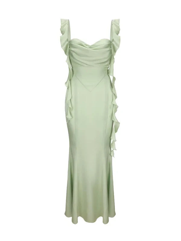 Simple Sheath Straps Sage Green Long Prom Dresses Evening Dress With Ruffles C2470