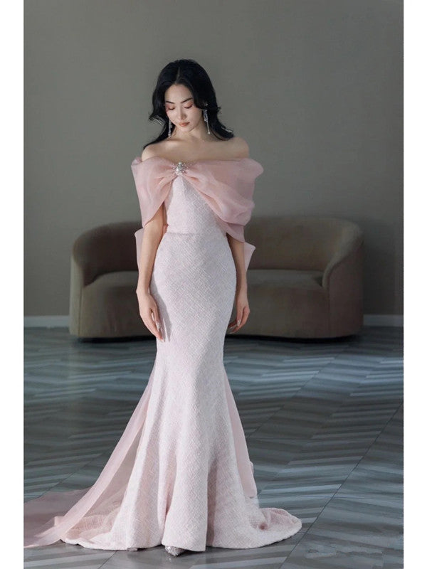 Pretty Mermaid Strapless Pink Sequin Long Evening Dress Prom Dresses With Bow C3450