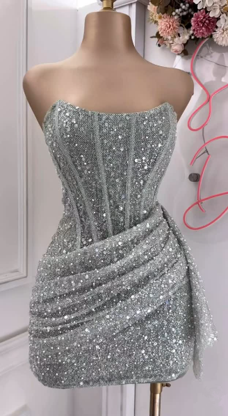 Sexy Sheath Strapless Pink Sequin Homecoming Dresses Short Birthday Outfits C2607