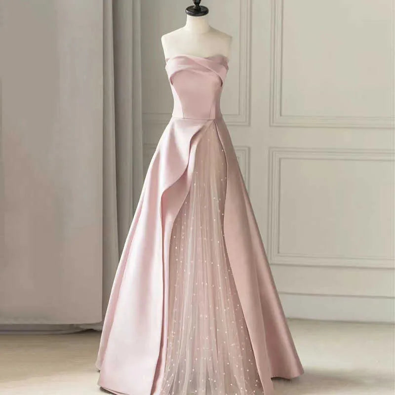 A-Line Satin Tulle Pink Long Prom Dress With Pearls B048