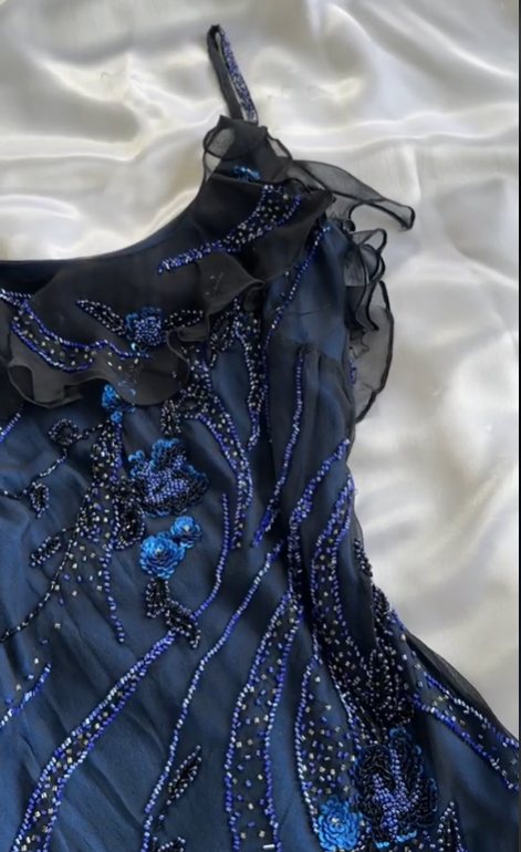 Elegant A Line Spaghetti Straps Navy Blue Chiffon Beads Long Prom Dresses Formal Dress C2743