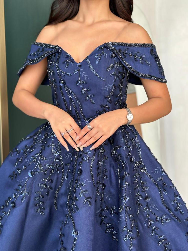 Vintage A line Off The Shoulder Navy Blue Satin Lace Long Evening Dress Prom Dresses C3683