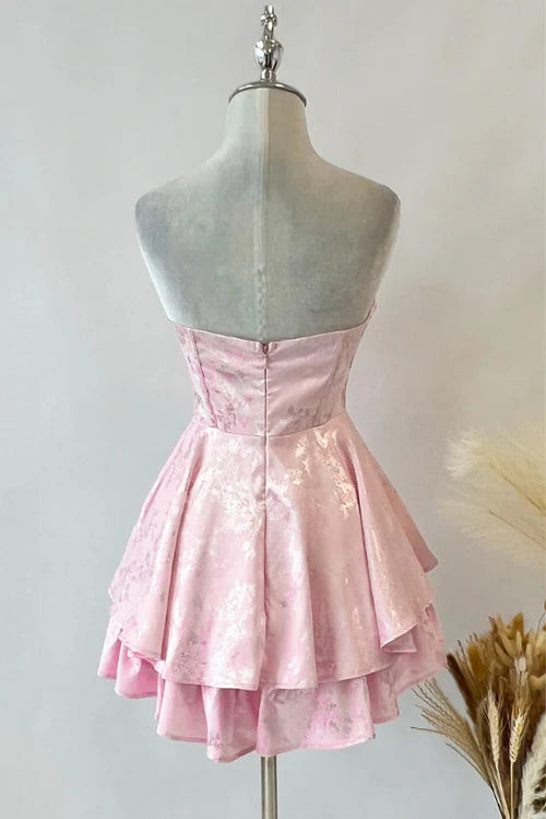 Vintage A line Strapless Pink Lace Homecoming Dress Short Birthday Outfits C2007