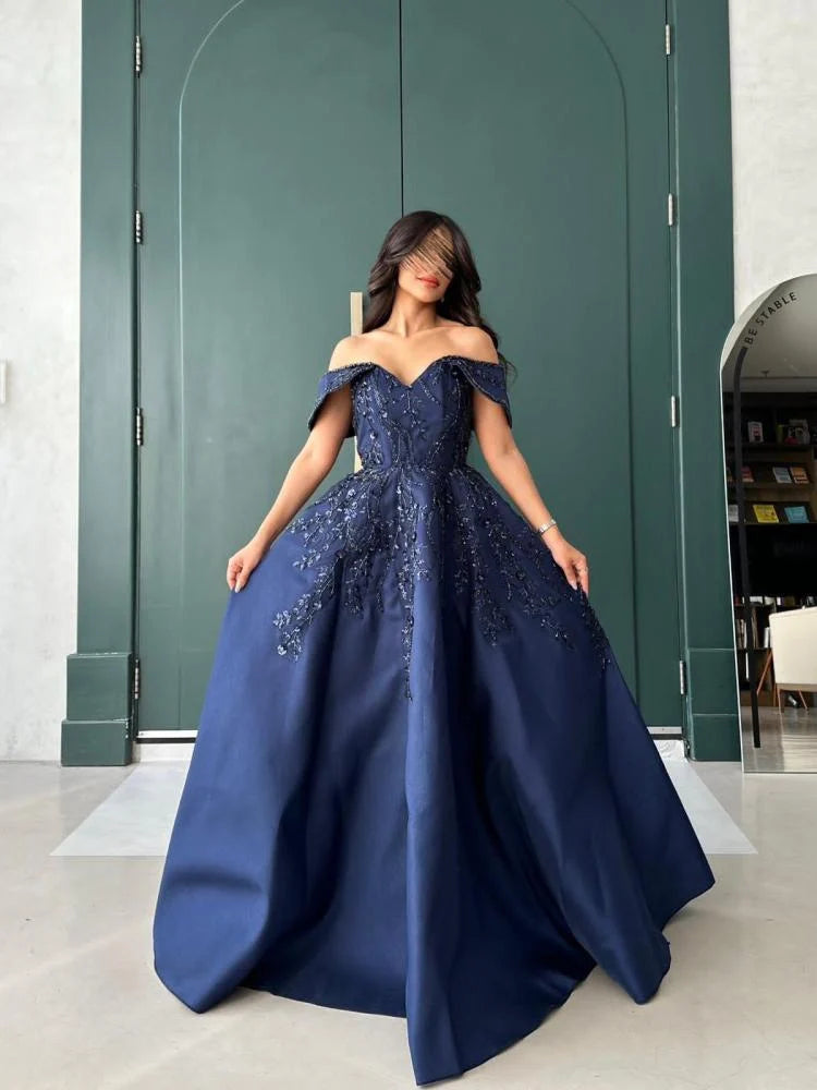 Vintage A line Off The Shoulder Navy Blue Satin Lace Long Evening Dress Prom Dresses C3683