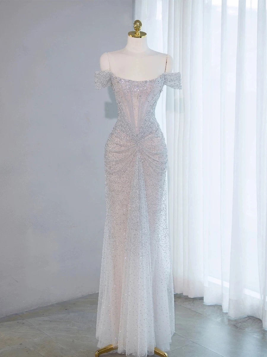 Pretty Mermaid Off The Shoulder Sequin Long Evening Dress Prom Dresses With Beads C3449