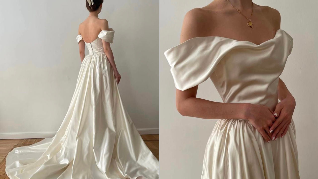 Simple white satin Bridal dress white Wedding dress With Ruffles C3781