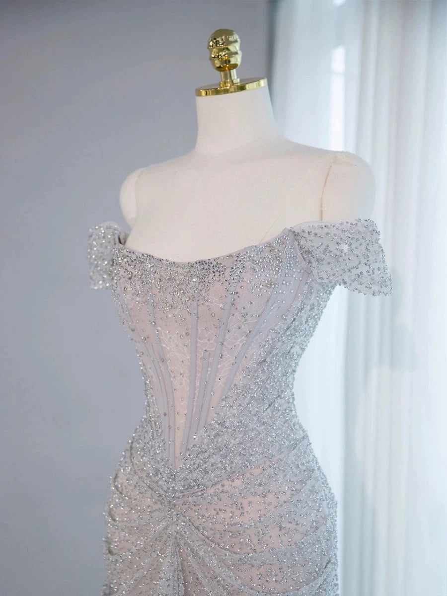 Robe de soirée longue à paillettes et épaules dénudées avec jolie sirène et perles C3449