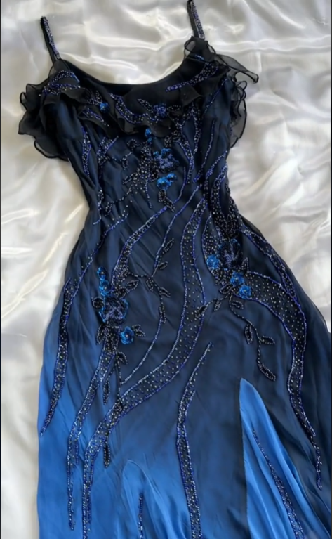 Elegant A Line Spaghetti Straps Navy Blue Chiffon Beads Long Prom Dresses Formal Dress C2743