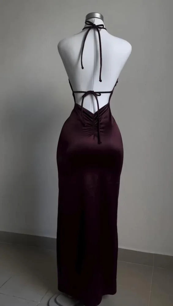 Elegant Sheath Halter Sleeveless Burgundy Satin Backless Prom Dresses Long Evening Dress C2882