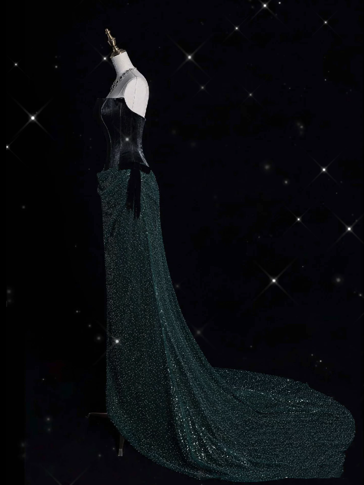 Robe de soirée longue élégante à paillettes et bretelles style sirène verte C3166