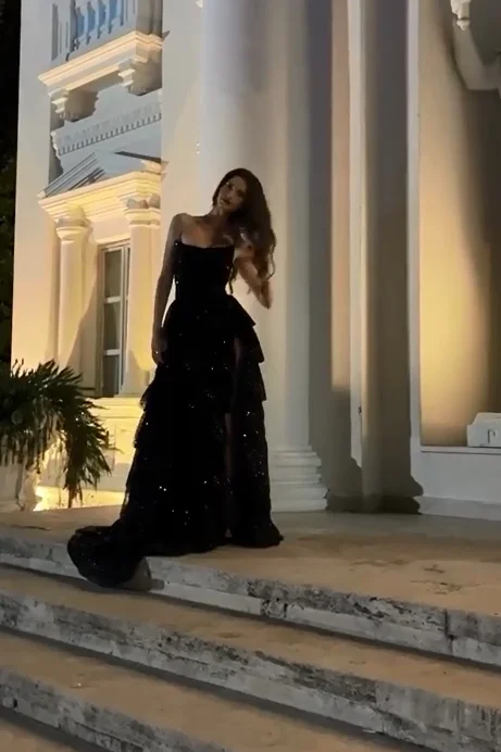 Elegant Ball Gown Strapless Black Sequin Layers Slit Long Prom Dresses Formal Dress C2735