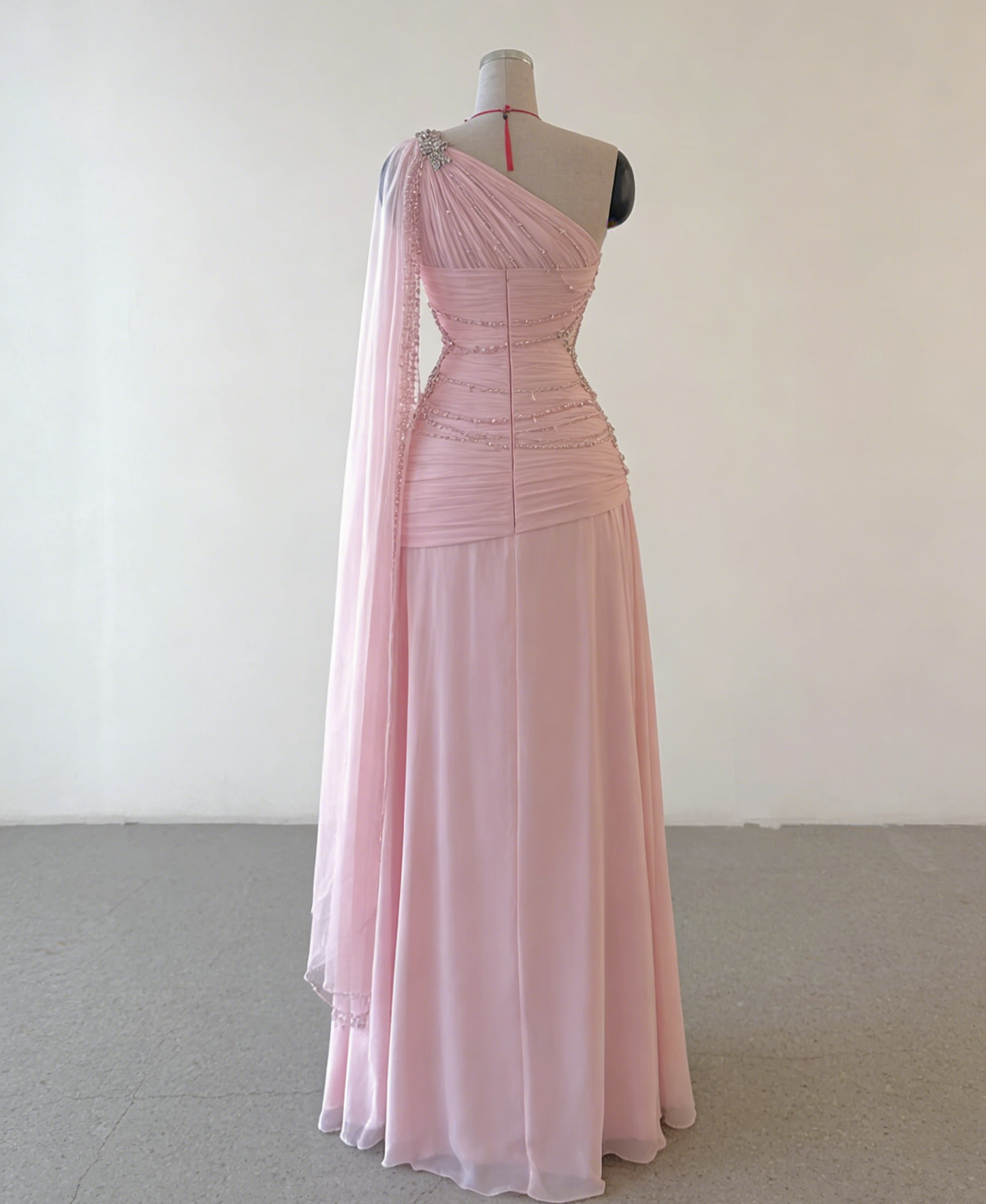 Vintage A Line One Shoulder Chiffon Floor Length Prom Dresses Beads Evening Dress C3101