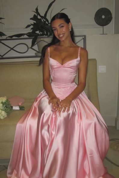 Elegant A Line Straps Pink Satin Long Length Prom Dresses Birthday Outfits C3553