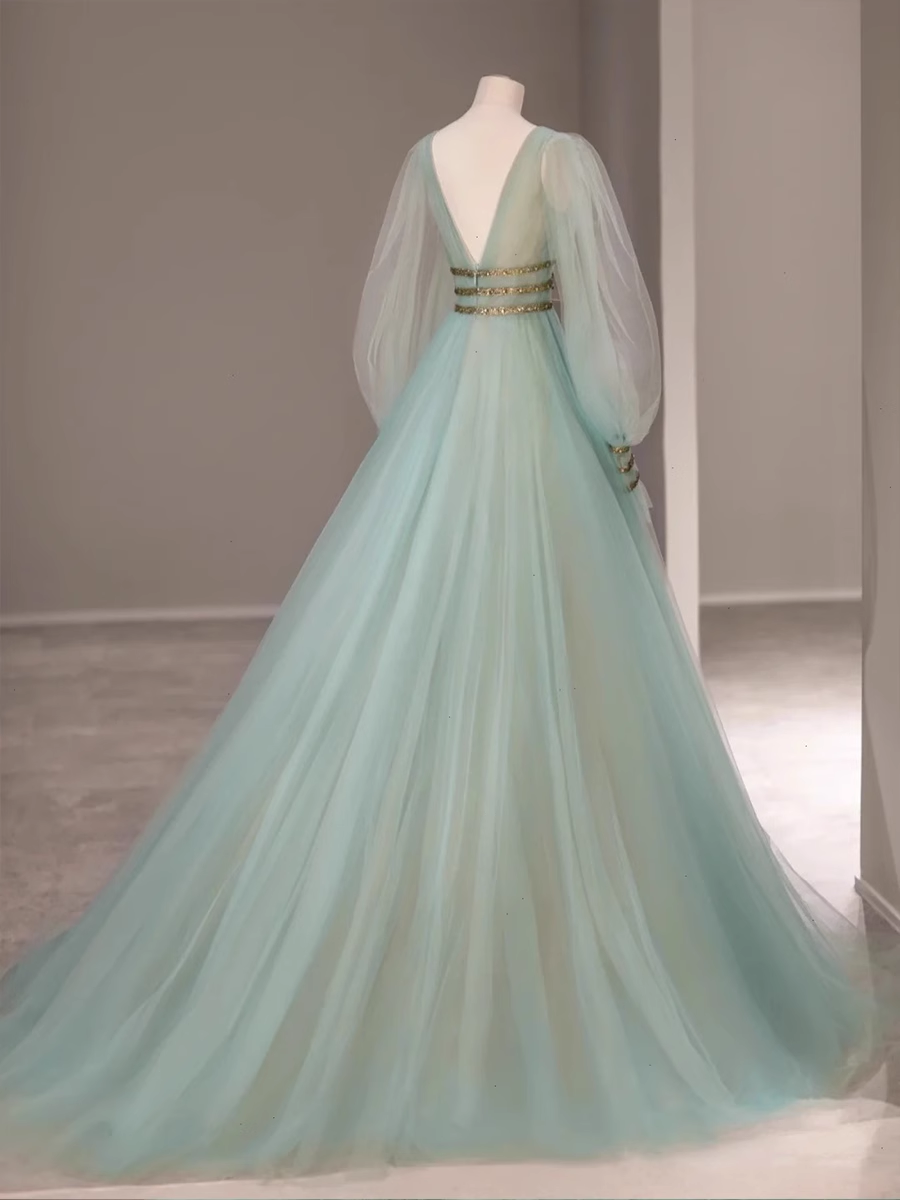 A line V Neckline Floor Length Tulle Mint Green Long Prom Dresses B005