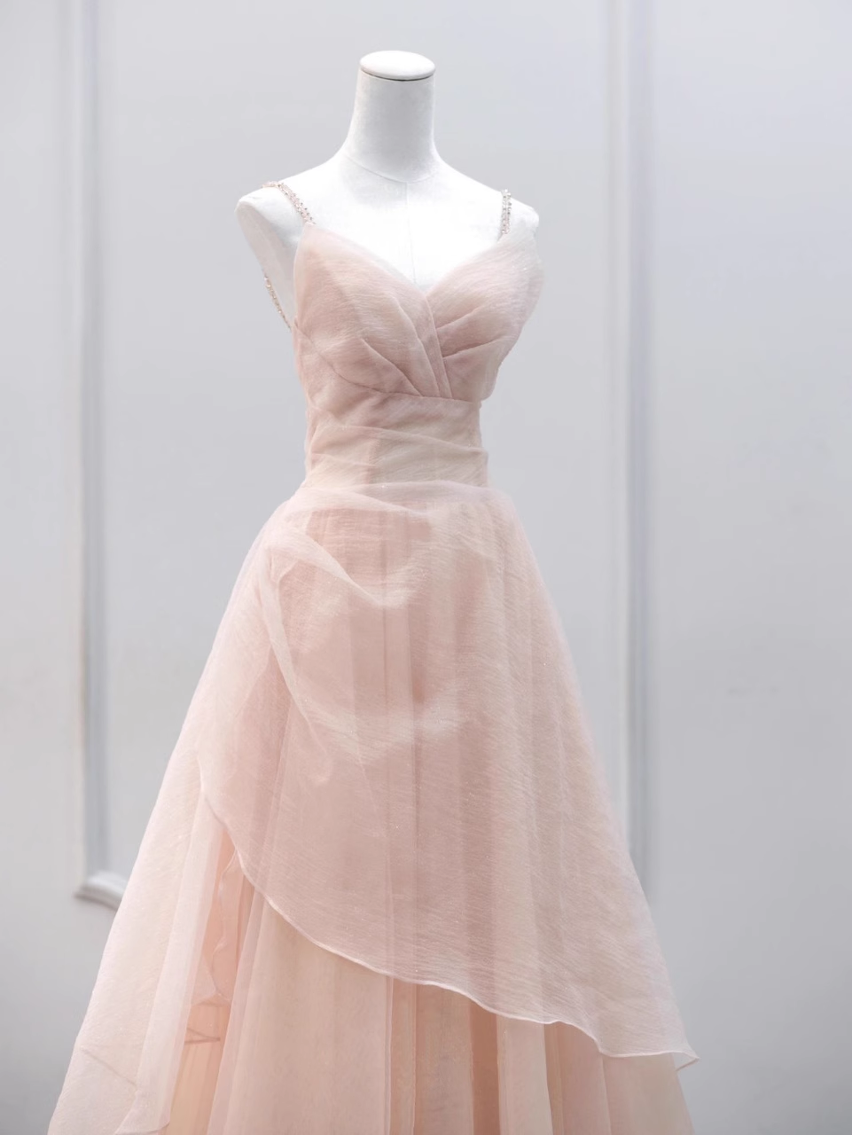 Simple A line Straps Floor Length Tulle Pink Long Prom Dresses B011