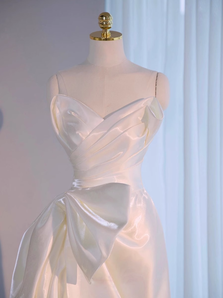 Beautiful High Low Spaghetti Straps Satin White Wedding Dresses B019
