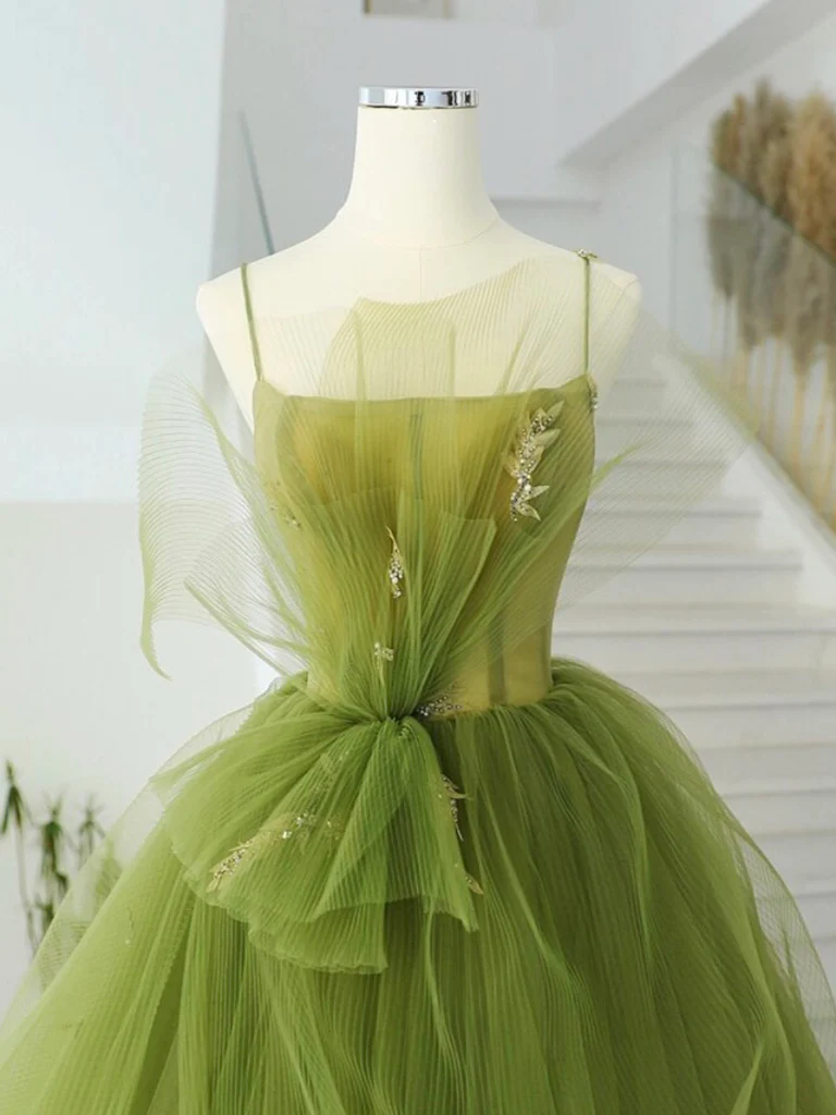 A-Line Green Tulle Long Prom Gown B050