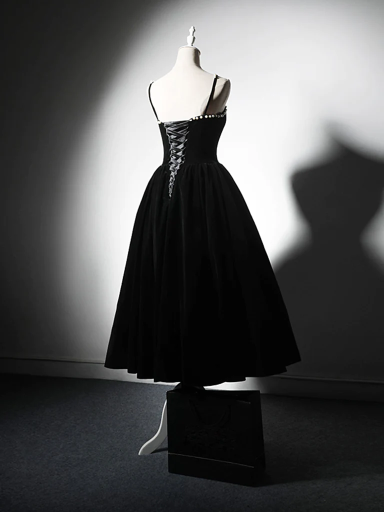 Simple A-Line Velvet Tea Length Burgundy Prom Dress B052