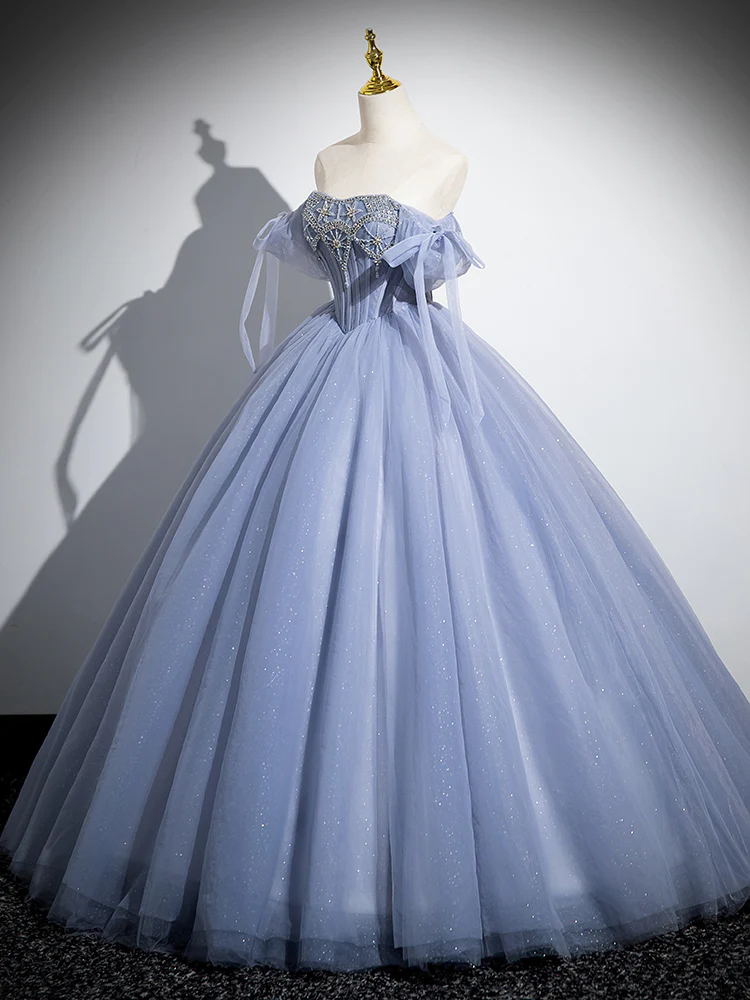 Stunning Ball Gown Blue A-Line Tulle Beads Long Sweet 16 Dresses B055