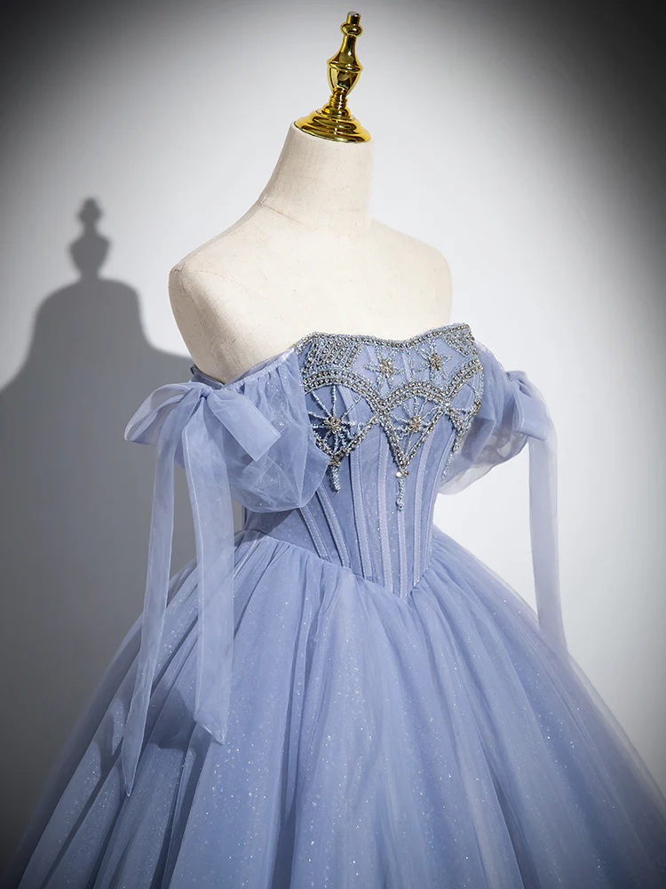 Stunning Ball Gown Blue A-Line Tulle Beads Long Sweet 16 Dresses B055