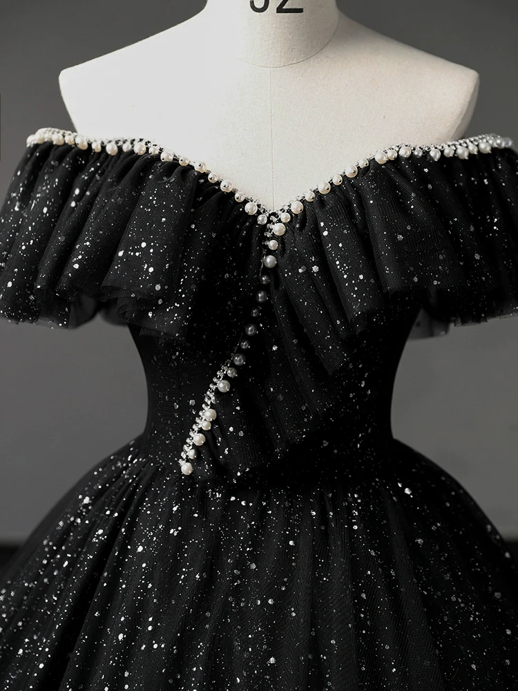Robe de bal longue noire en Tulle à paillettes, ligne a, col en cœur, Simple, B056