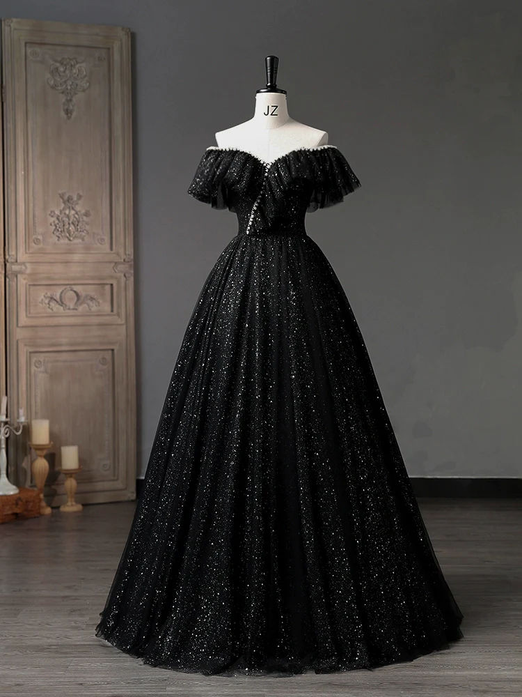 Robe de bal longue noire en Tulle à paillettes, ligne a, col en cœur, Simple, B056