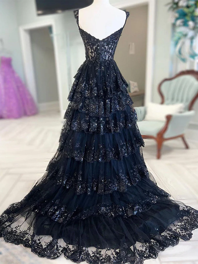 Robe de bal longue noire en Tulle à paillettes, coupe trapèze, col en cœur, mignonne, B057