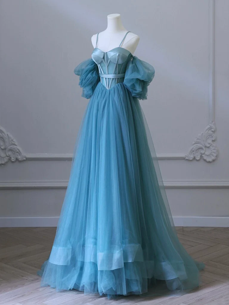 Simple A-Line Sweetheart Neck Tulle Blue Long Prom Dress B061