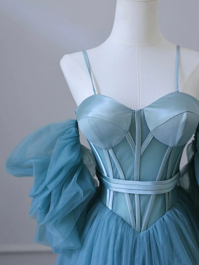 Simple A-Line Sweetheart Neck Tulle Blue Long Prom Dress B061