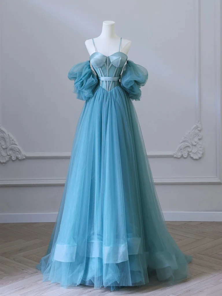 Simple A-Line Sweetheart Neck Tulle Blue Long Prom Dress B061
