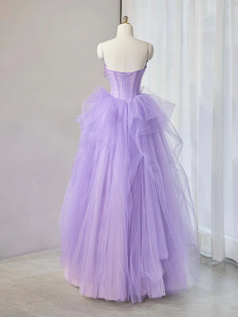 Jolie robe de bal longue en tulle avec col en cœur violet et appliques, B063