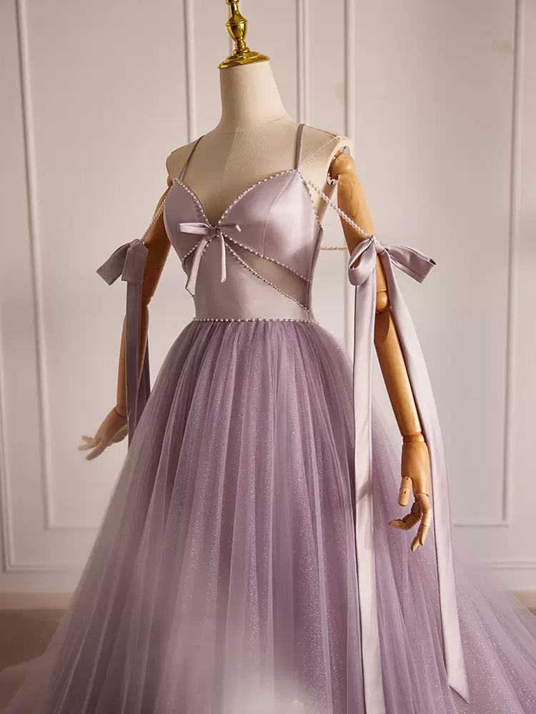 A-Line V Neck Tulle Beads Lilac Long Prom Dress B070