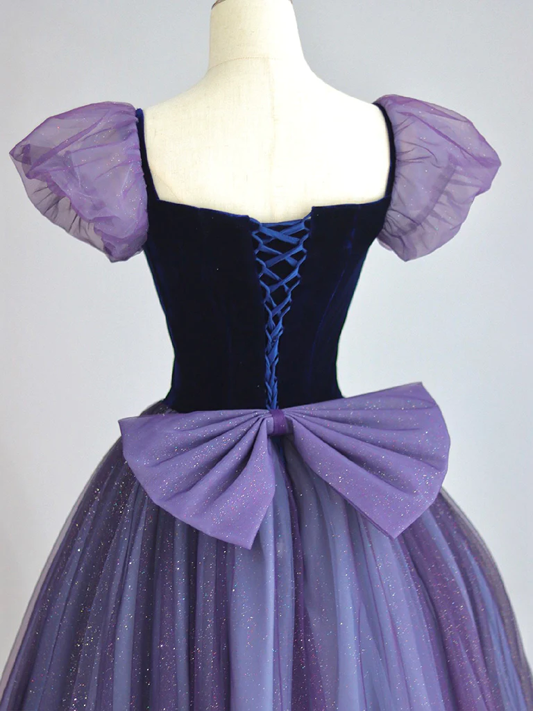 A-ligne manches bouffantes Tulle velours violet longue robe de bal B073