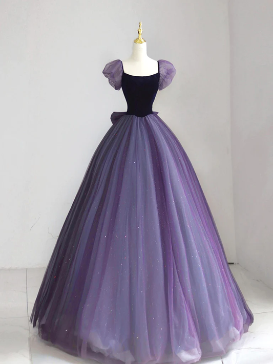 A-Line Puff sleeves Tulle Velvet Purple Long Prom Dress B073