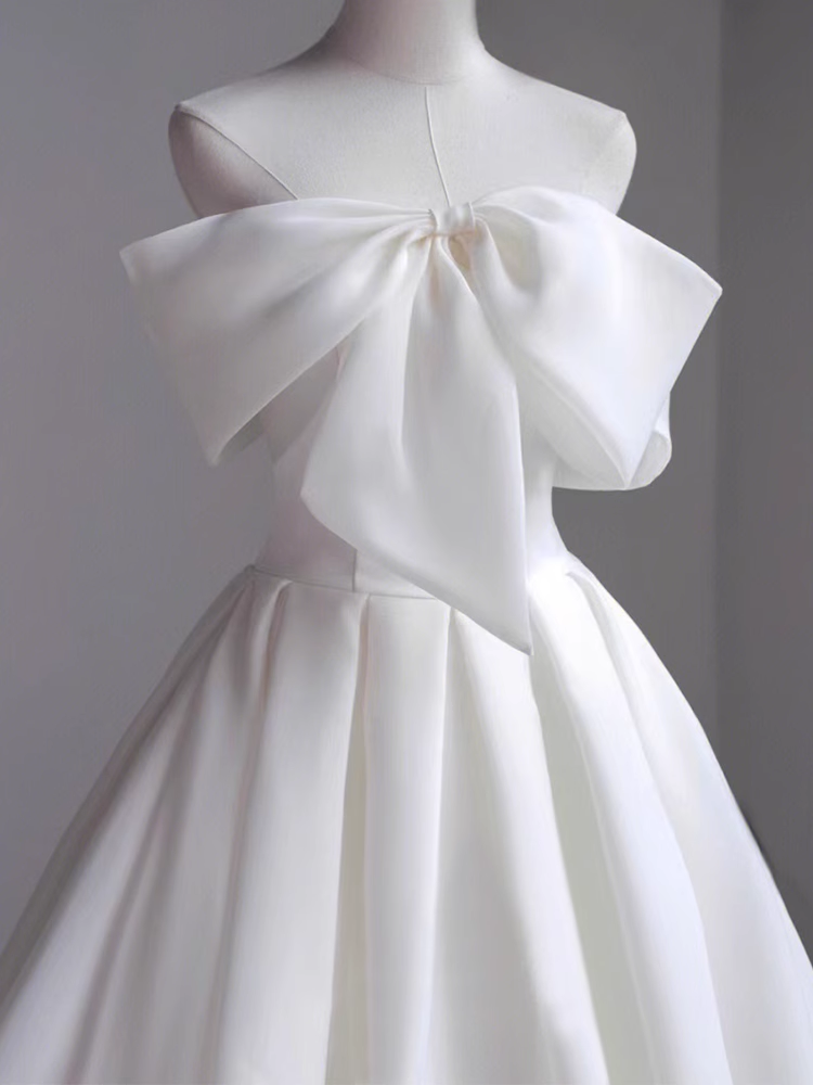Simple A-Line Off The Shoulder Satin White Long Wedding Dresses B081