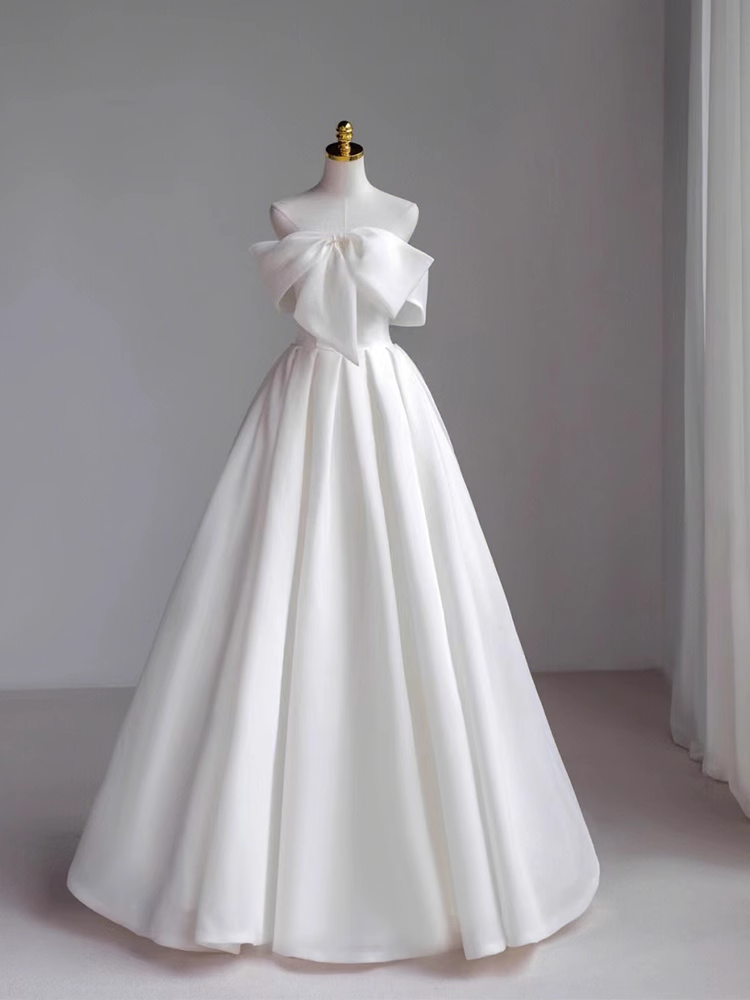 Simple A-Line Off The Shoulder Satin White Long Wedding Dresses B081