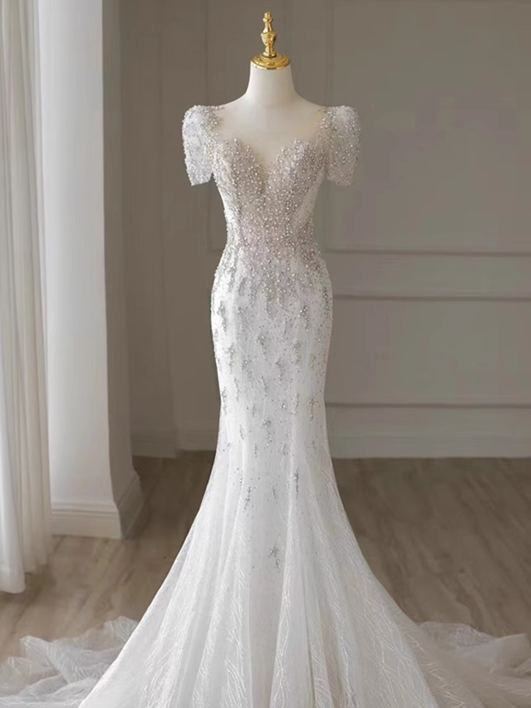 Robes de mariée longues blanches sirène de luxe à manches courtes B082