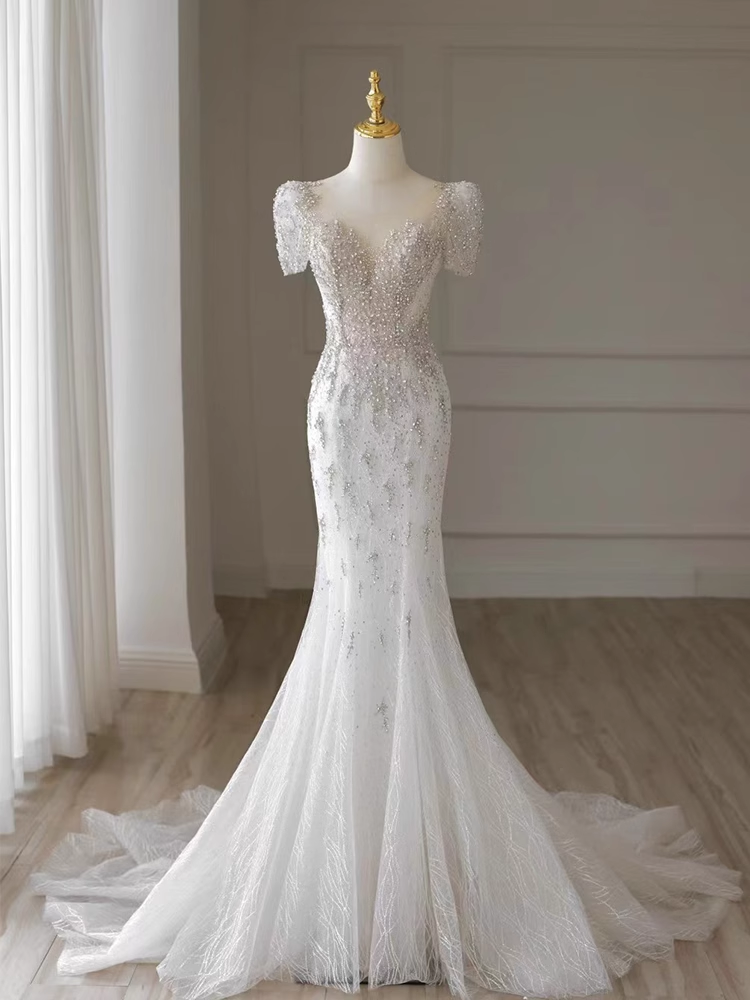 Robes de mariée longues blanches sirène de luxe à manches courtes B082