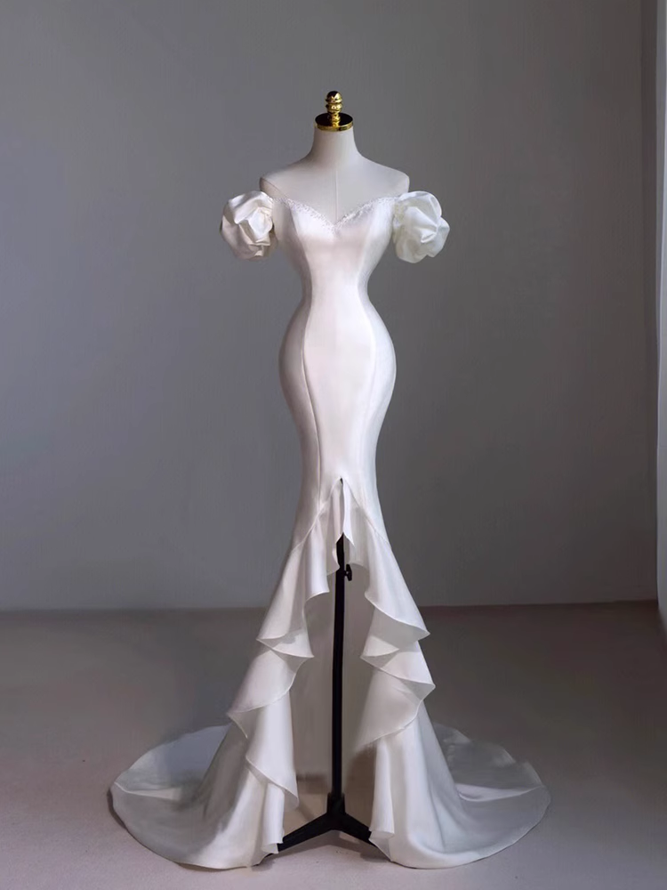 Vintage Mermaid Off the Shoulder Short Sleeves White Satin Wedding Dresses B087