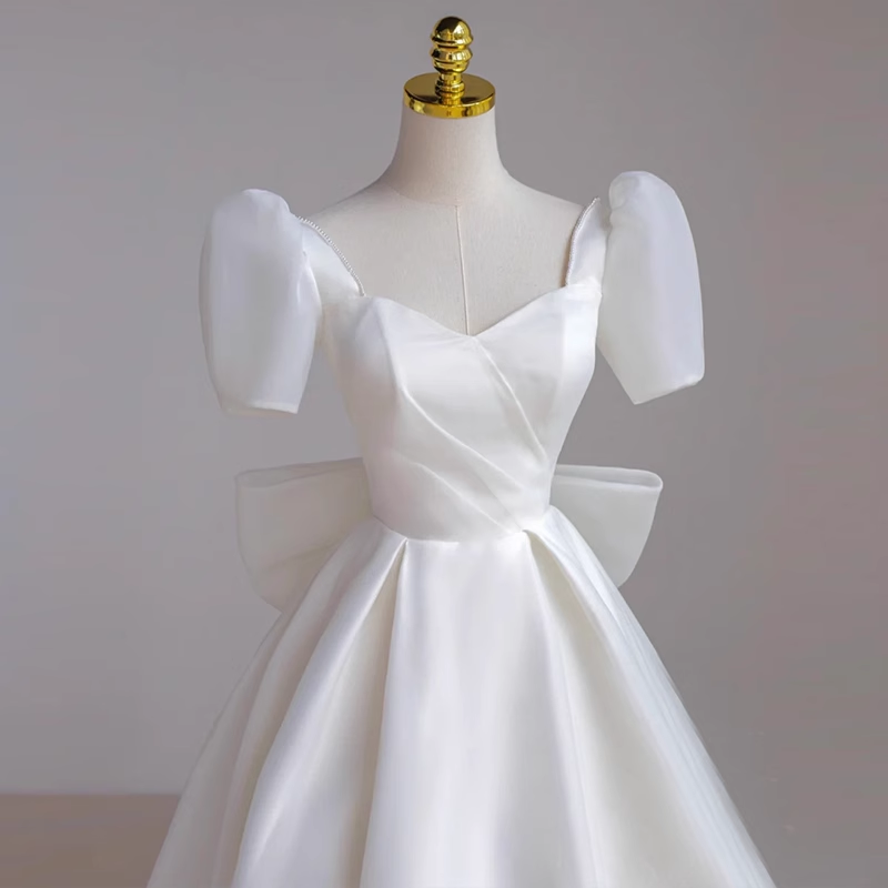 Princess A line White Satin Long Wedding Dresses B092