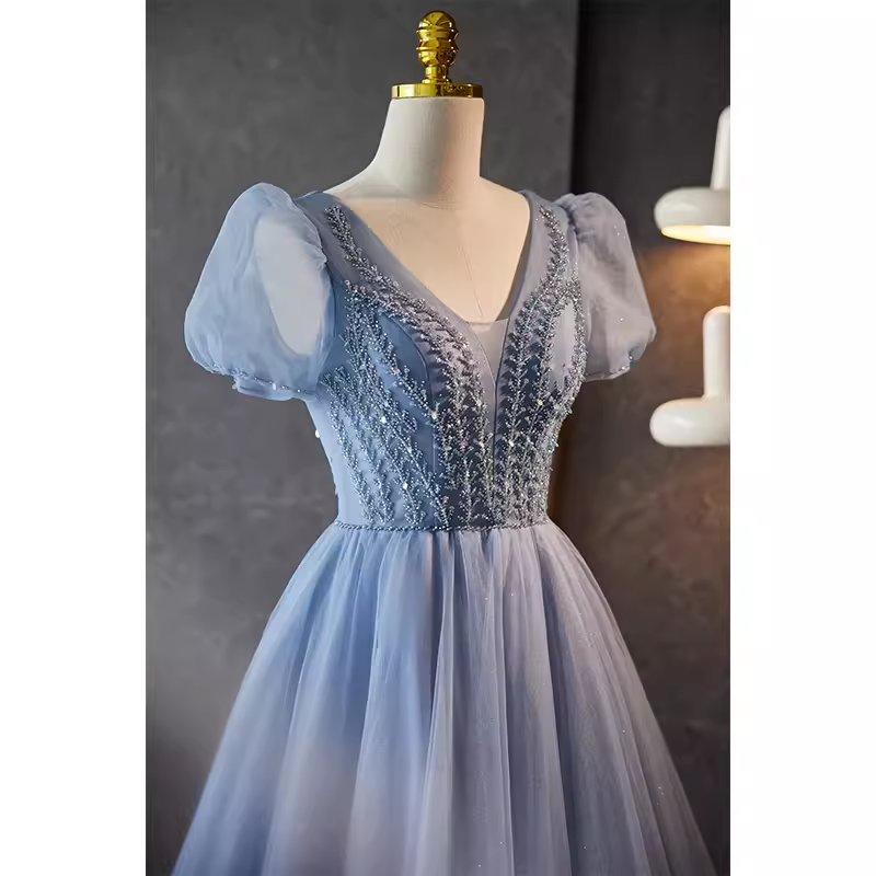 A line V Neckline Short Sleeves Long Blue Prom Dress B094
