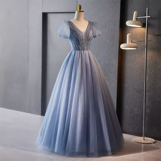 A line V Neckline Short Sleeves Long Blue Prom Dress B094